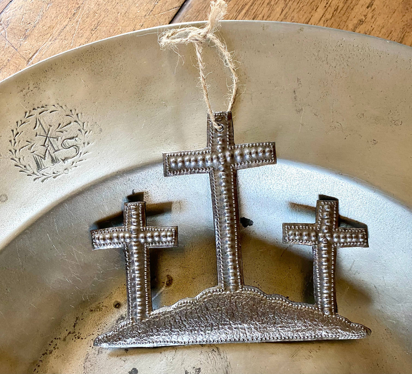 3 Crosses on a Hill, Handmade Ornament Cross, Haitian Art