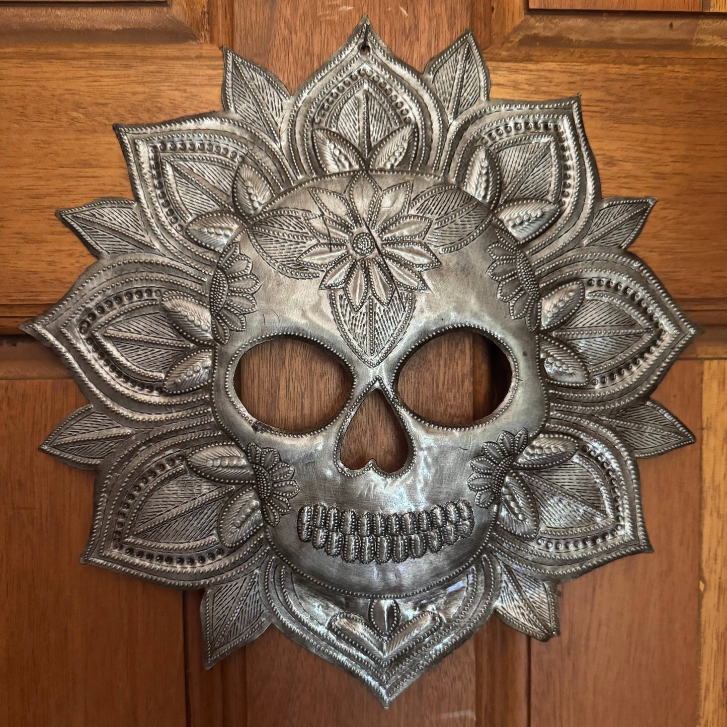 Haitian Metal Skull Wall Art w/ Petals – Recycled Steel