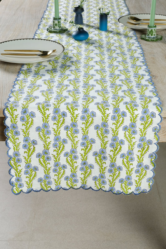 Forget-Me-Not Scallop Embroidered Blockprint Table Runner