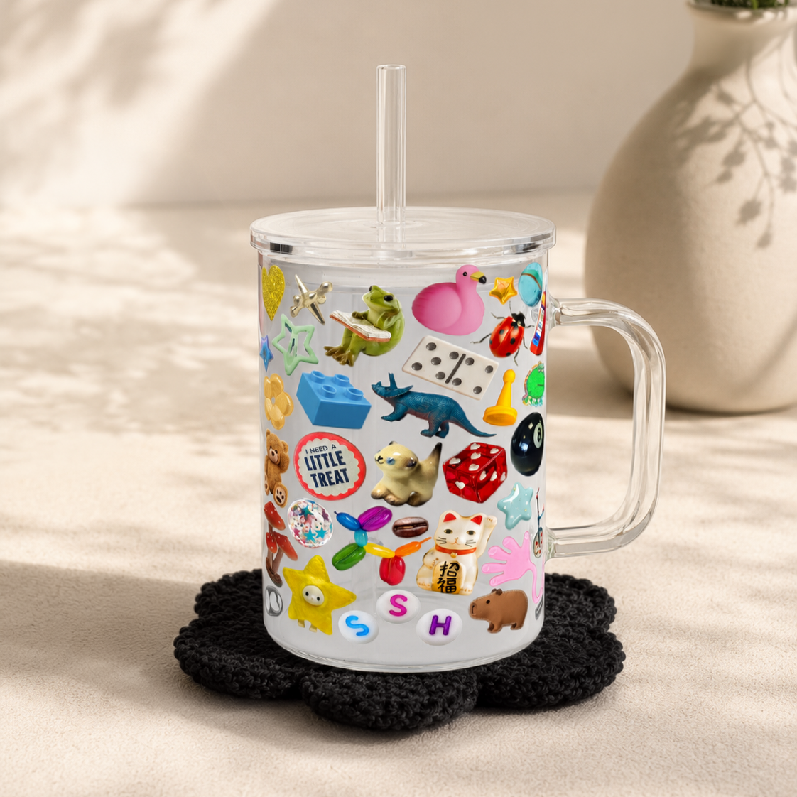 Trinket Core 17oz Glass Mug & Black Daisy Mug Rug Bundle