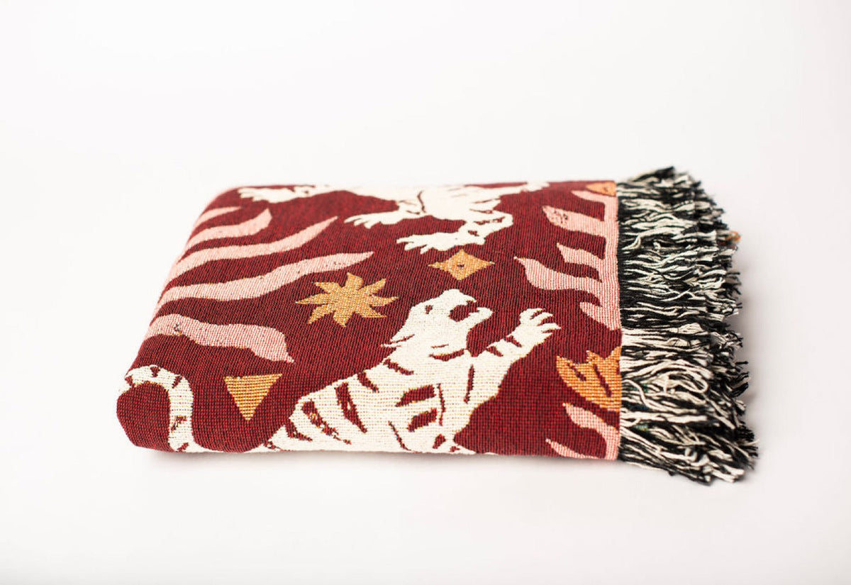 Red Tiger Folk Art Jacquard Woven Throw