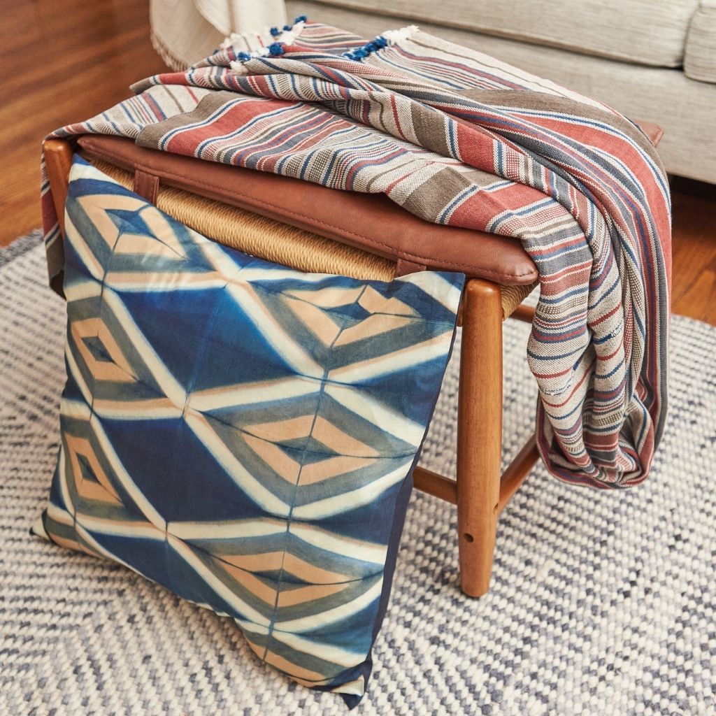Tisa Indigo Handcrafted Shibori Geometri Print Mulberry Silk Pillow