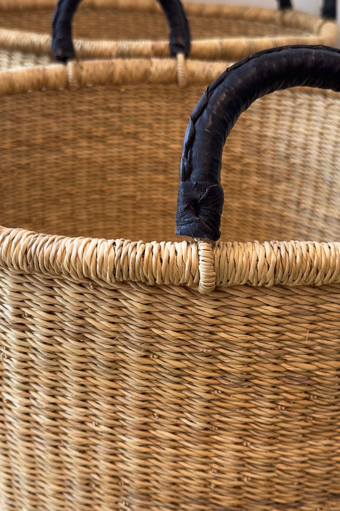 S/3 Handwoven Short Hampers with Leather Handles - Natural