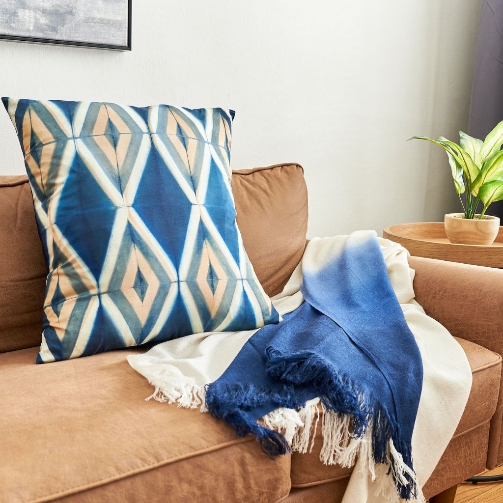 Tisa Indigo Handcrafted Shibori Geometri Print Mulberry Silk Pillow
