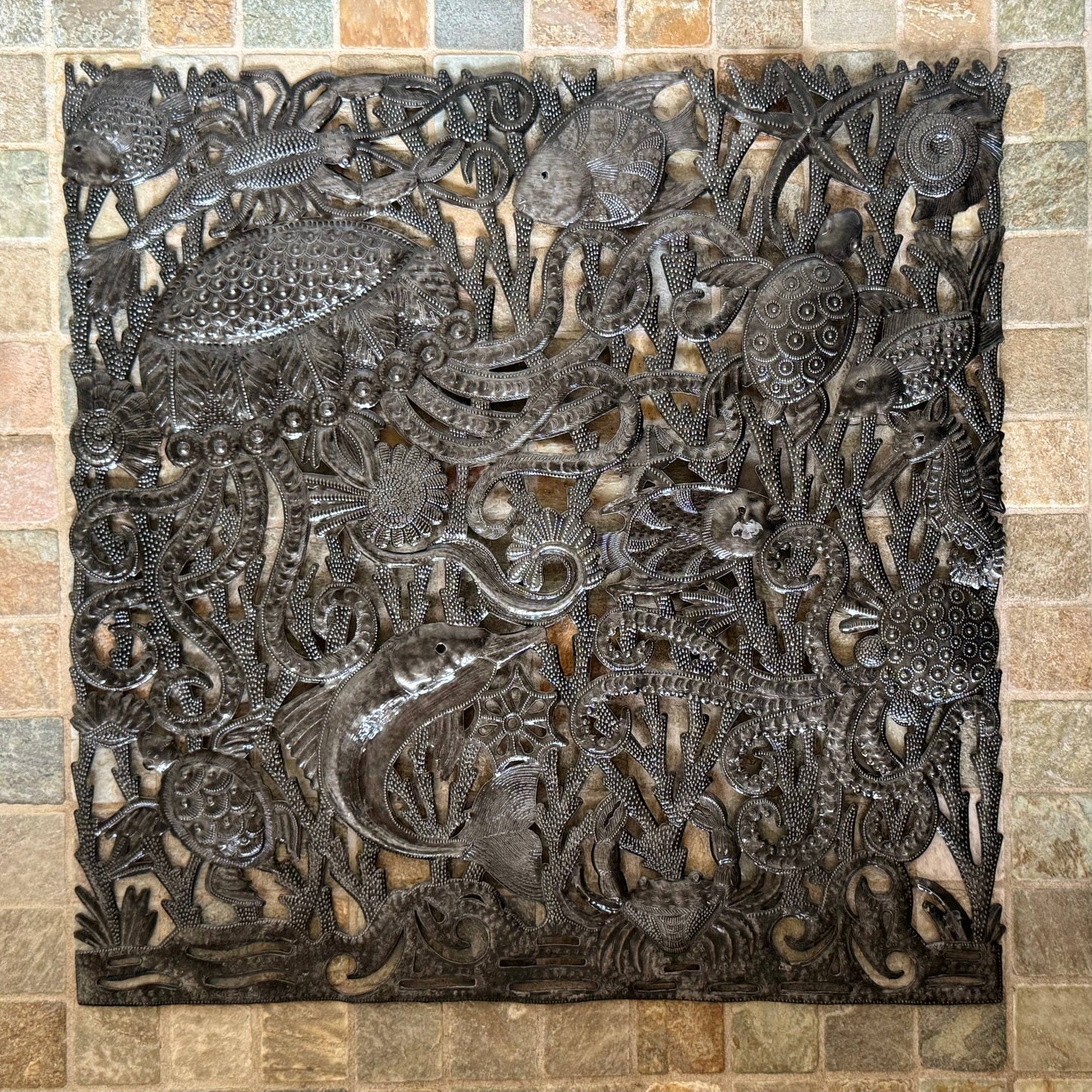 Sea Life, Jellyfish Octopus Recycled Metal Art, 24"x 24"