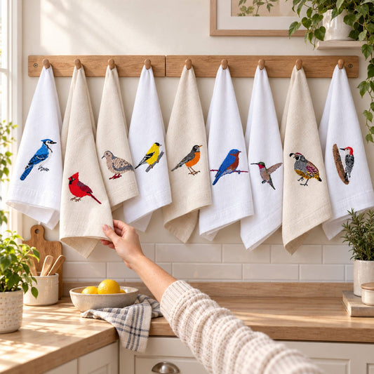 Birds embroidered cotton tea towel flat lay on white surface #birds_cardinal