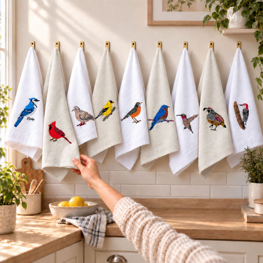 Birds embroidered cotton tea towel flat lay on white surface #birds_cardinal