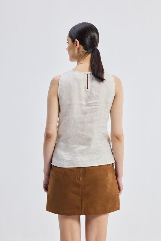 Boat Neck Top in Checkered Linen Back