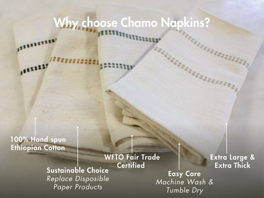 Chamo napkins with text highlighting features on a neutral background