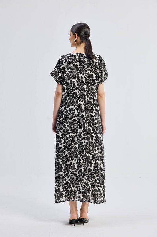 Deep V-neck Maxi Dress with Front Gathers in Black Florals Back