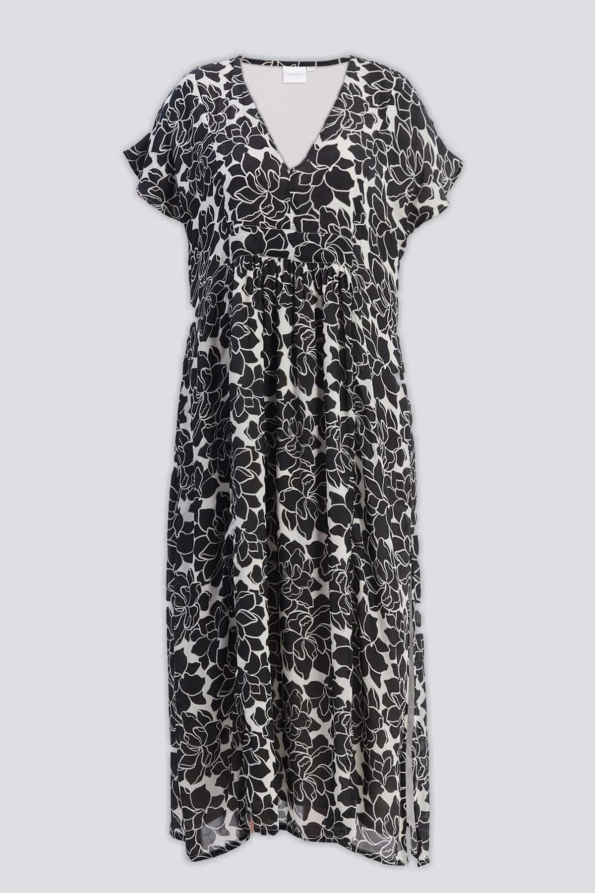 Deep V-neck Maxi Dress with Front Gathers in Black Florals Flat Lay