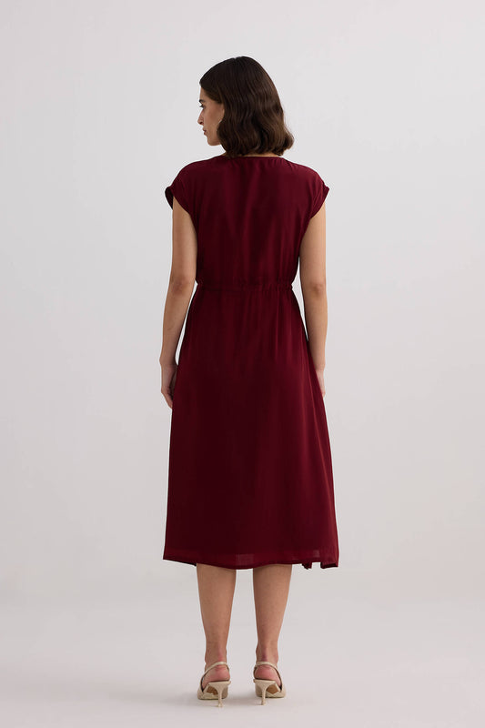 Deep V-neck Gathered Dress in Burgundy Back