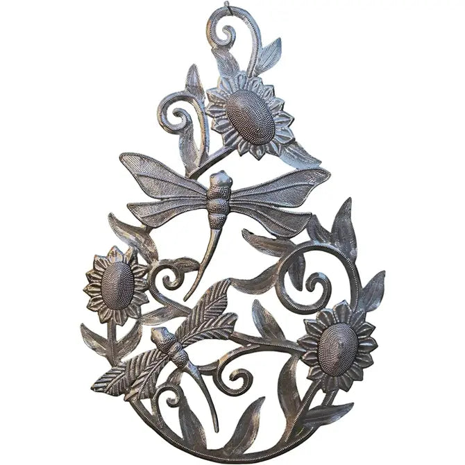 Handcrafted Haitian Folk Art, Dragonfly in Sunflower Tear Drop Shape, Metal Garden Decor 13"x18"