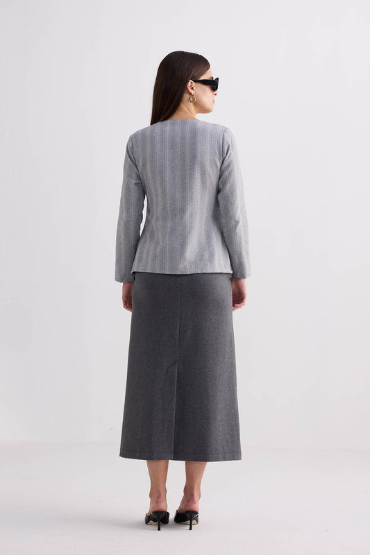 Fitted Cotton Tweed Jacket in Grey Behind The Back Shot