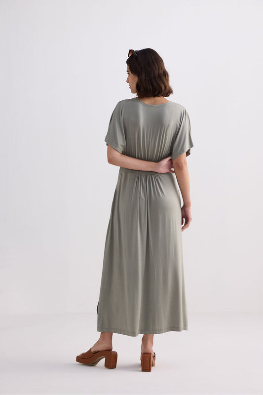 Flowy A-Line Maxi Dress with Side Slits in Light Olive Back