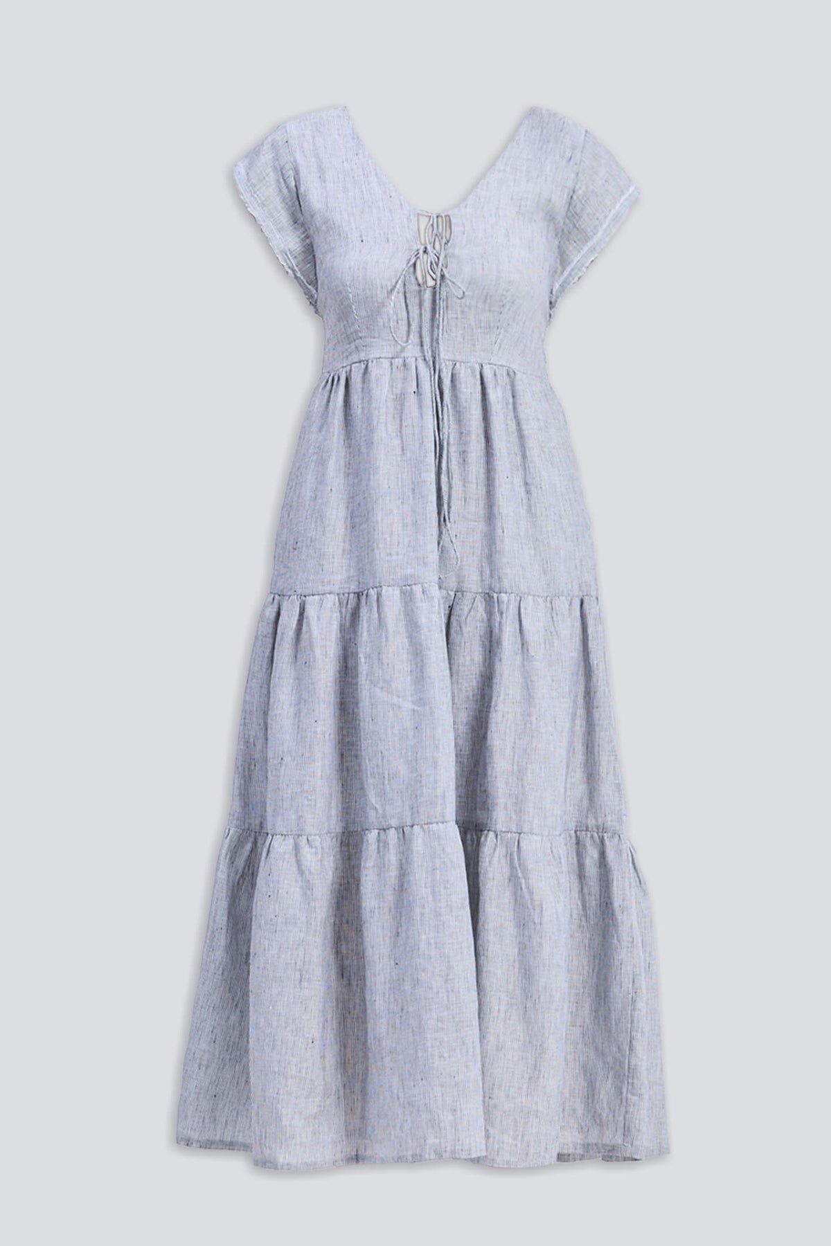 Maxi Tired Dress with Front-ties in Linen Stripes Flat Lay