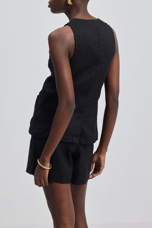 Hemp Vest Jacket Set in Black Back