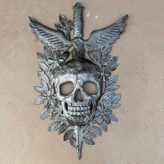 Haitian Metal Skull & Sword Wall Art 11" x 7" Handmade