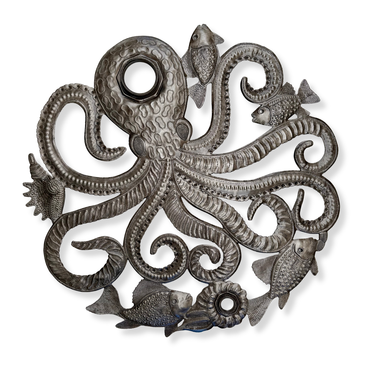 Handcrafted Metal Octopus Wall Art with Fish Coastal Ocean
