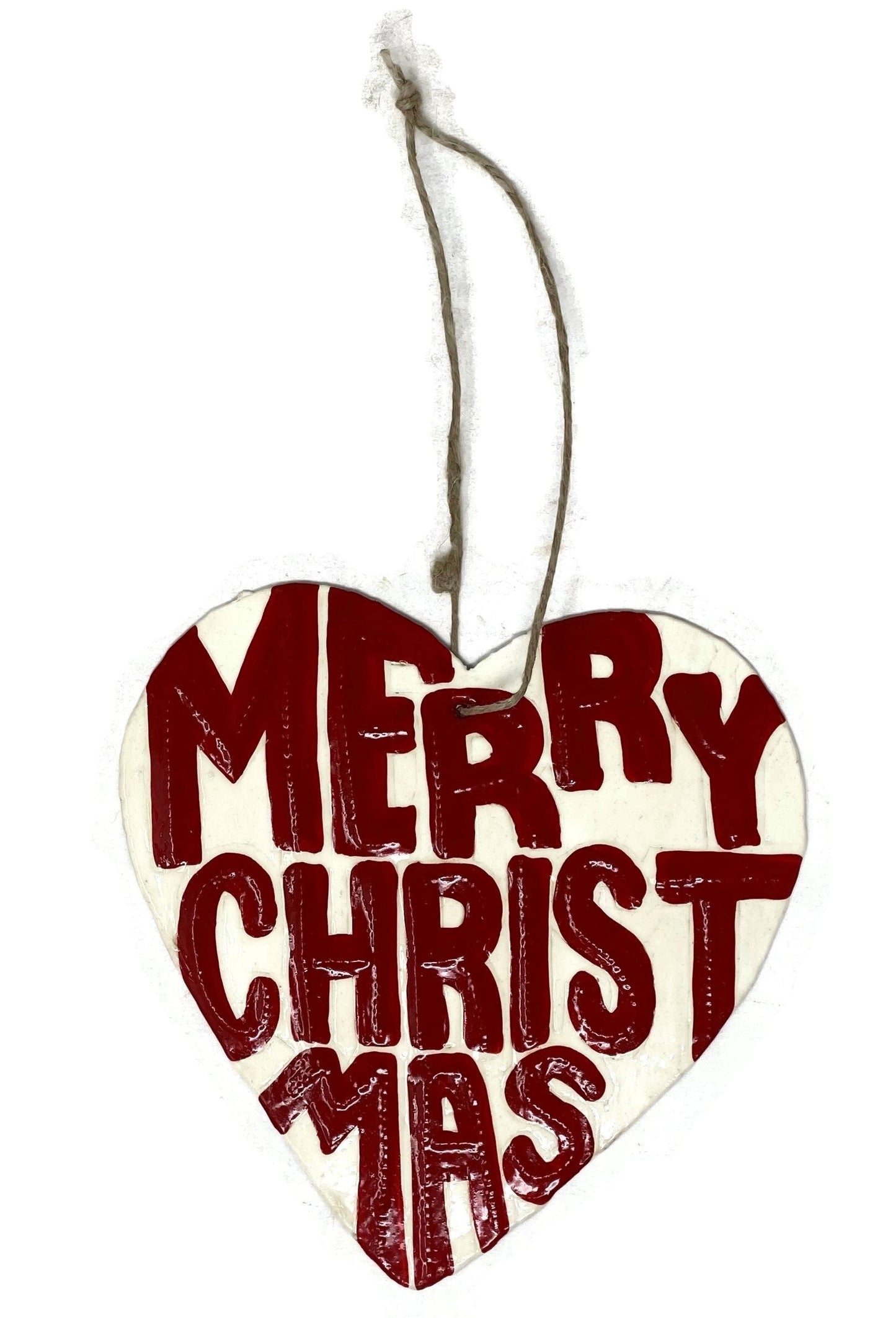 Christmas Ornaments, Merry Christmas, Hand Painted Heart Shaped Ornament, Decorative Haitian Artwork 4.25