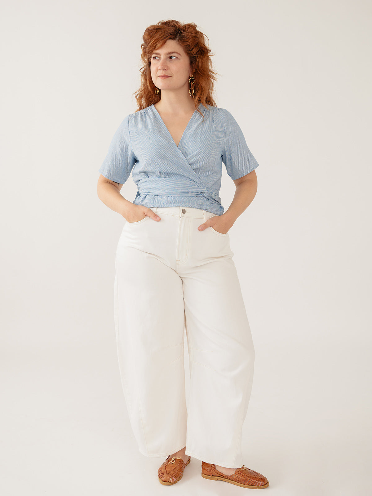 Wren Wrap Top - Blue Stripe Linen Cotton
