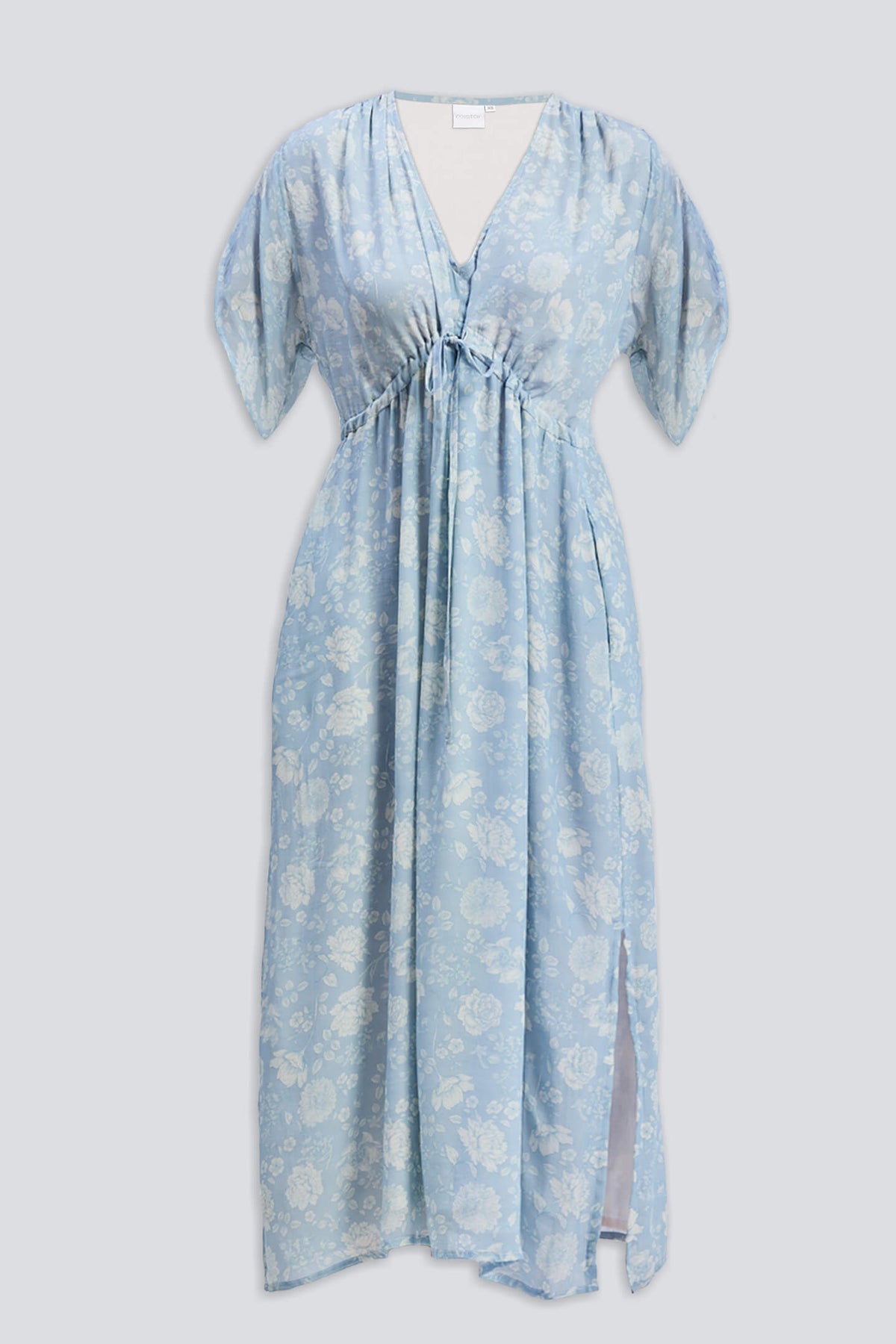 Maxi Gathered Dress in Blue Florals Flat Lay