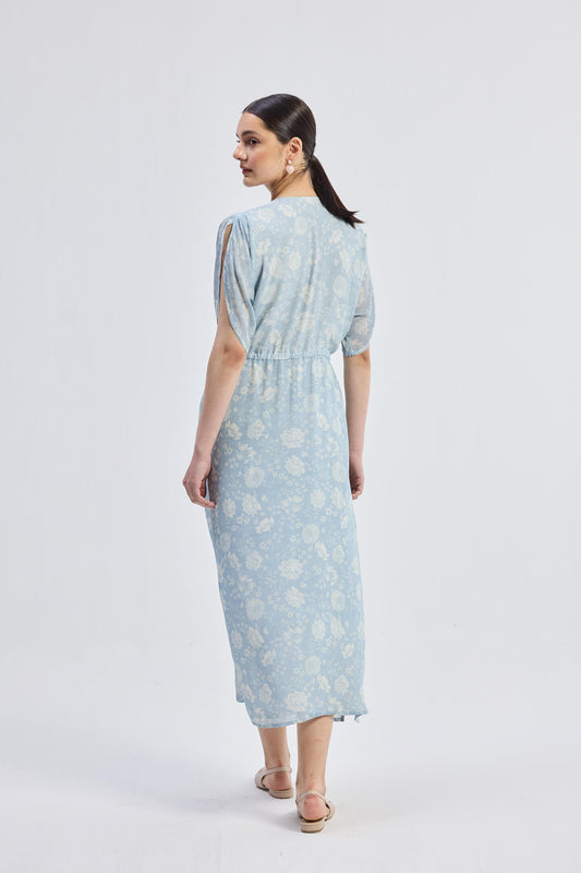 Maxi Gathered Dress in Blue Florals Back
