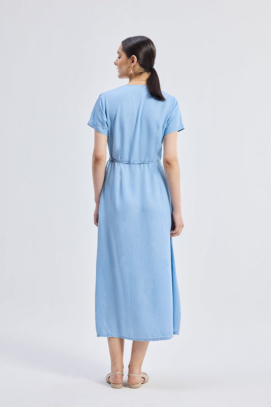 Maxi Wrap Dress in Light Blue Back