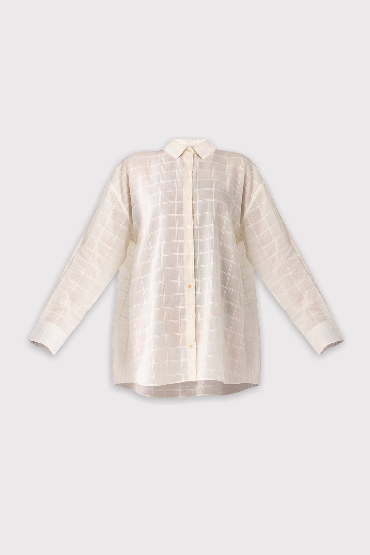 Off white striped shirt on a light gray background