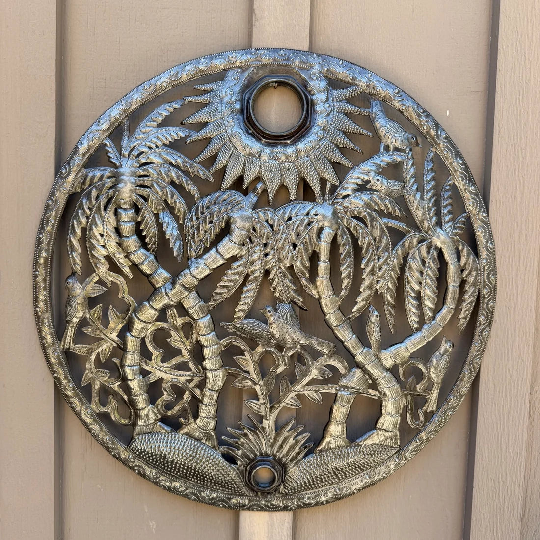 Haitian Palm Tree & Birds Metal Wall Art Recycled Oil Drum