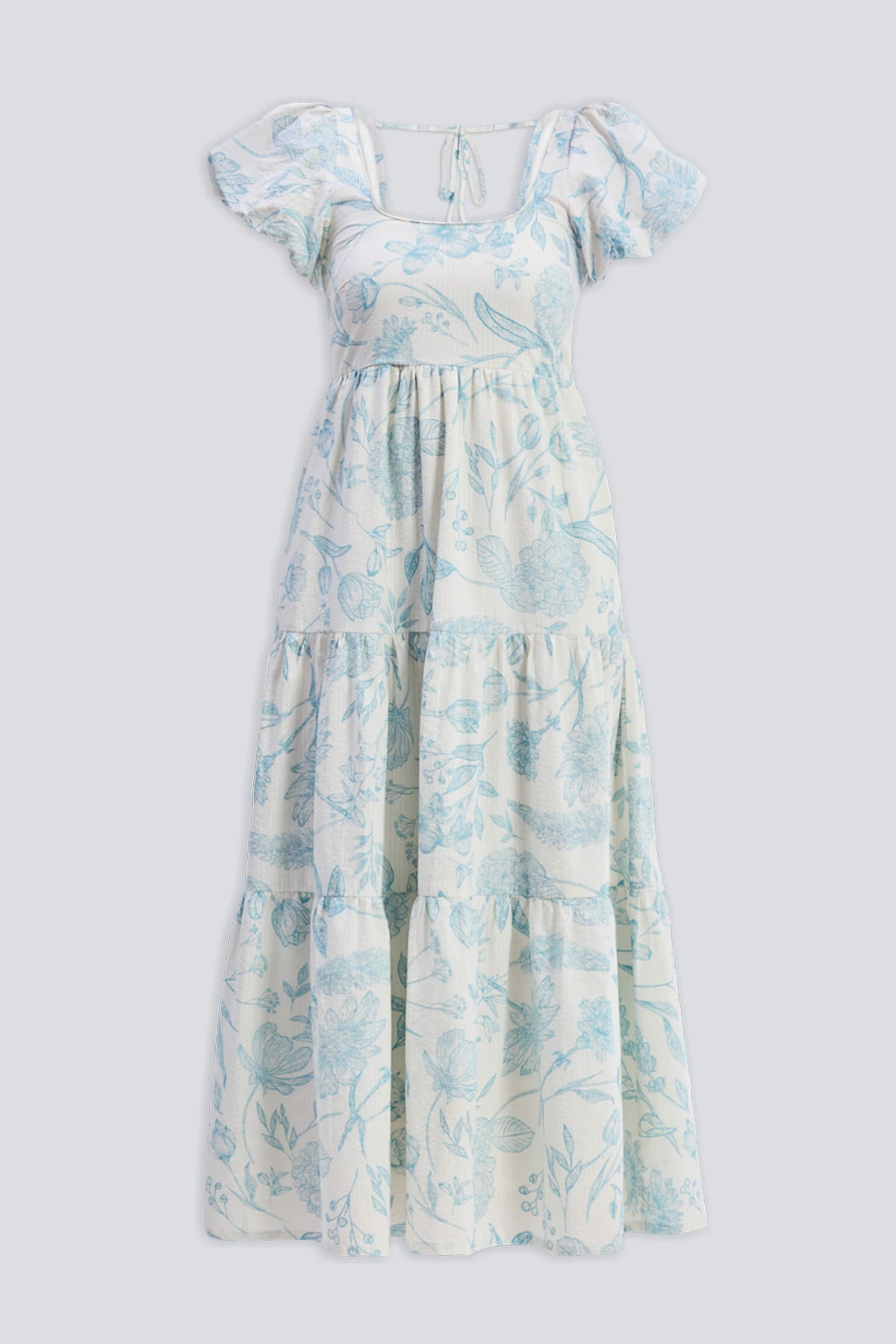 Puff Sleeve Tiered Maxi Dress in Blue Florals Flat Lay