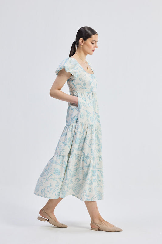 Puff Sleeve Tiered Maxi Dress in Blue Florals Side