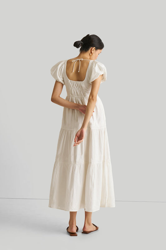 Puff Sleeve Tiered Dress in White