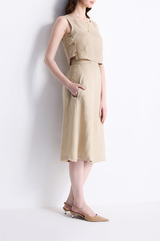 Overlap Midi Skirt in Neutral Beige Long Shot