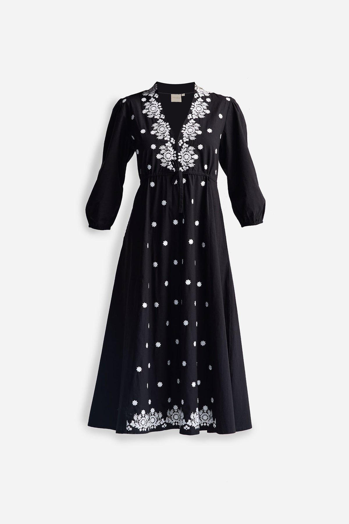 Drawstring Embroidered Dress in Black Flat Lay