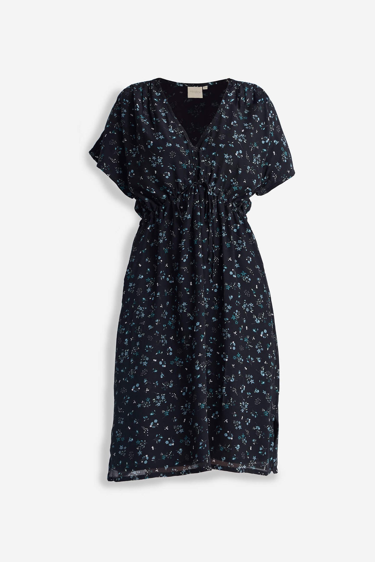 Gathered Knee-length Dress in Dark Blue Florals Flat Lay