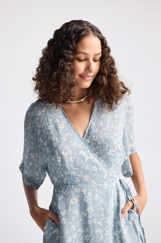 Maxi Wrap Dress in Light Blue Florals Medium Shot