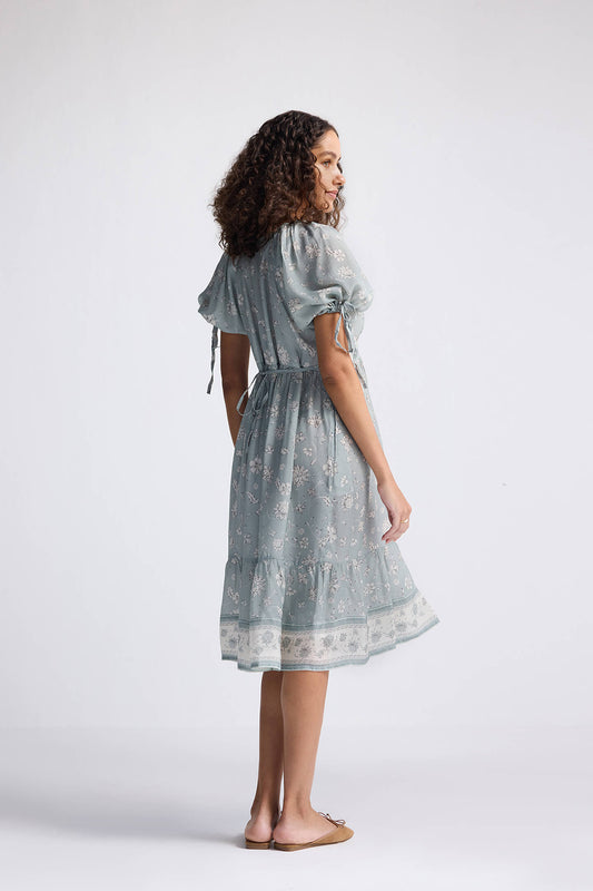 Puff Sleeve Midi Dress in Sage Green Long Shot