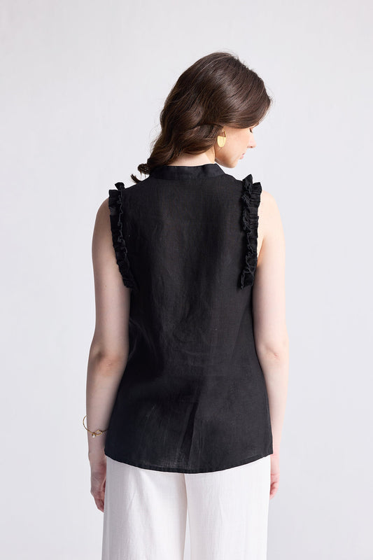 Sleeveless Hemp Top with Ruffles in Black Medium Shot