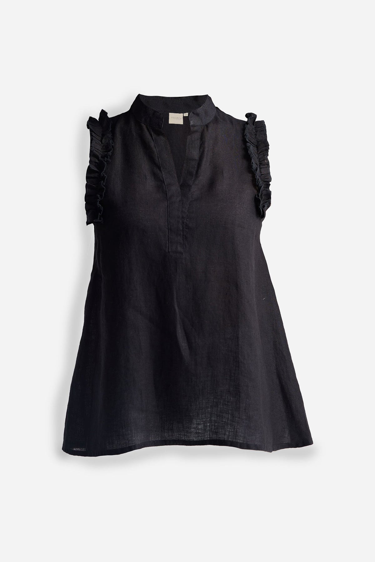 Sleeveless Hemp Top with Ruffles in Black Flat Lay