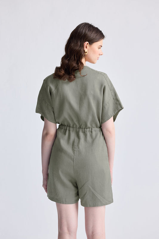V neck Drawstring Romper in Dark Green Medium Shot