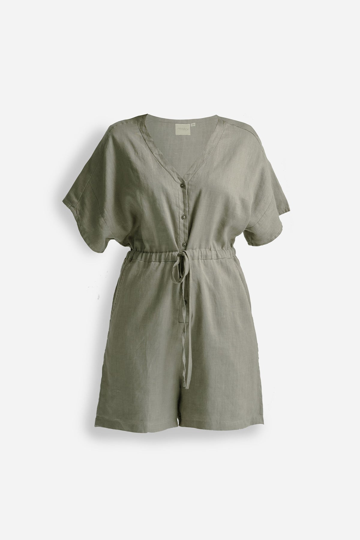 V neck Drawstring Romper in Dark Green Flat Lay