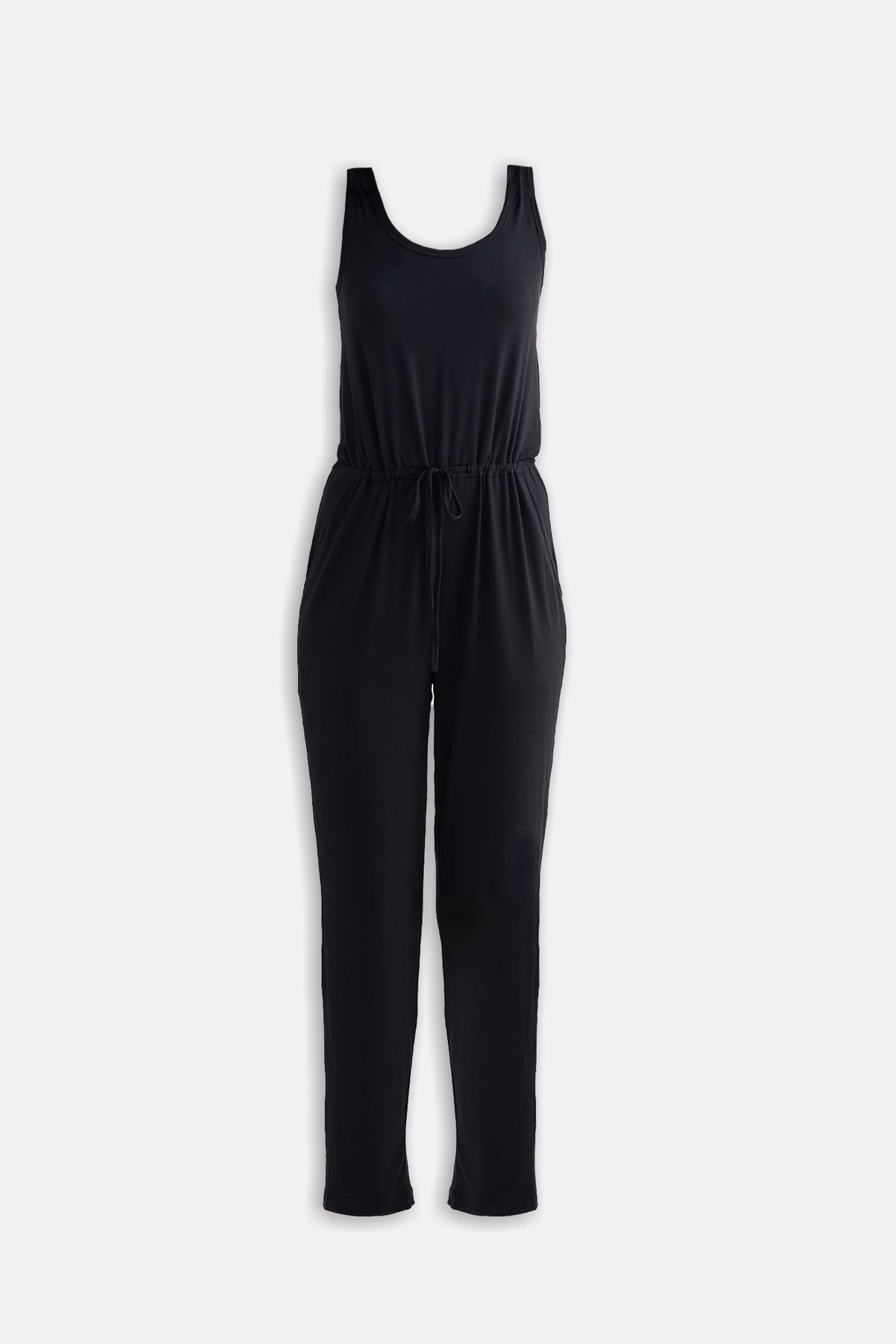 Relaxed Drawstring Jumpsuit in Black Flat Lay