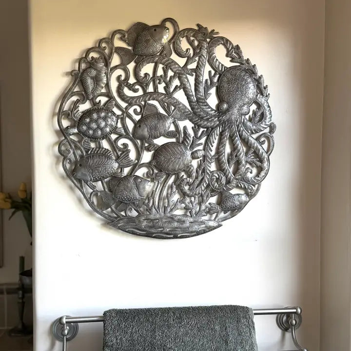 Large Haitian Sea Life Metal Wall Art Octopus Turtle Fish