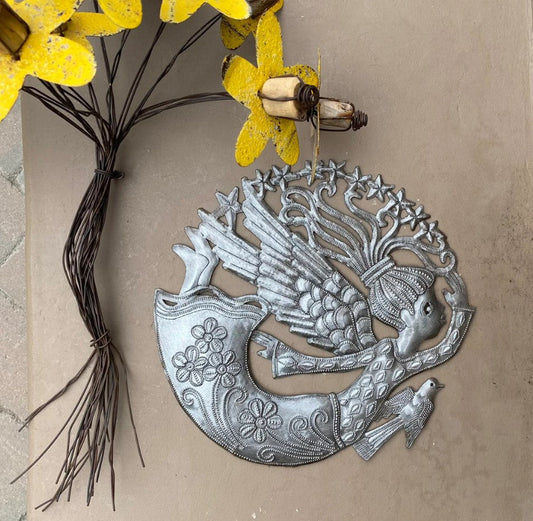 Home Decor Angel, Handmade in Haiti from Recycled Steel Drum Barrels, Celestial Wall Art 11" Round