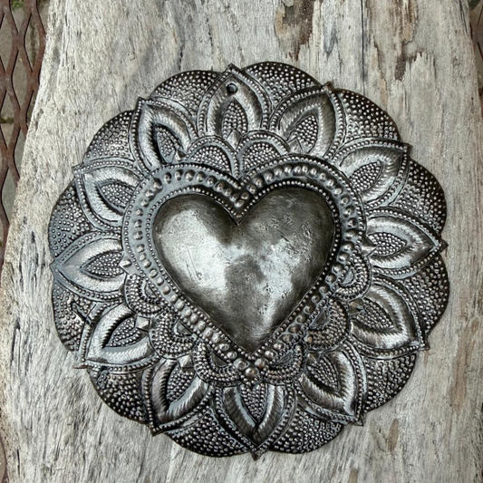 Haitian Metal Sacred Heart Wall Art 5.25x5.25 Hand Chiseled