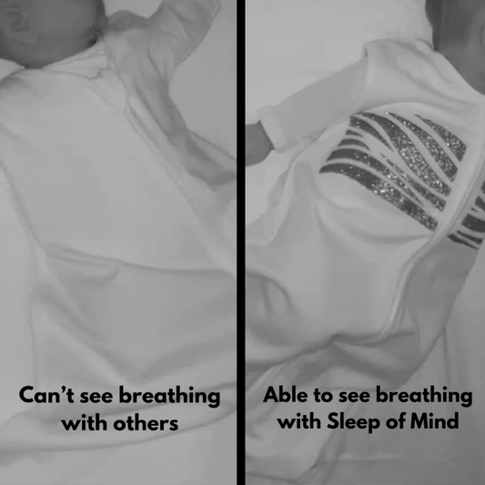 A split image shows a baby in two sleep sacks; the left side says Can’t see breathing with other baby sleepwear, while the right displays a wavy pattern on the Early Stages Bundle | 0 - 6 months and says Able to see breathing with Sleep of Mind’s breathable baby monitor.