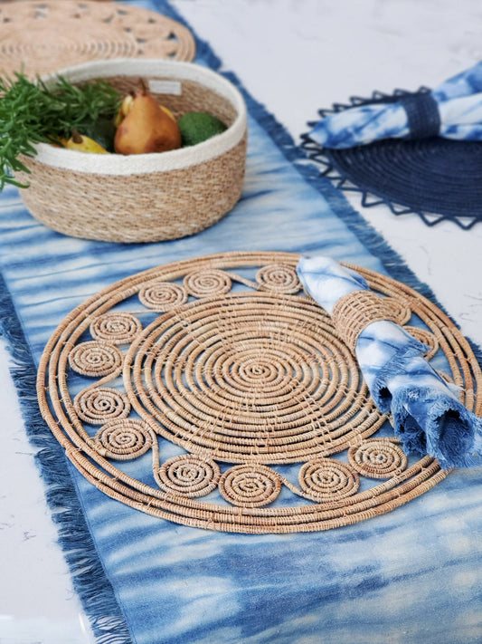 Tie Dye Cotton Table Runner - Indigo Blue