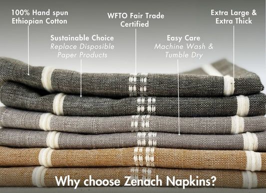 Stack of Zenach napkins with text highlighting key features