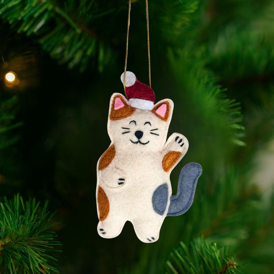 Stealing Santa Hat Cat Ornament